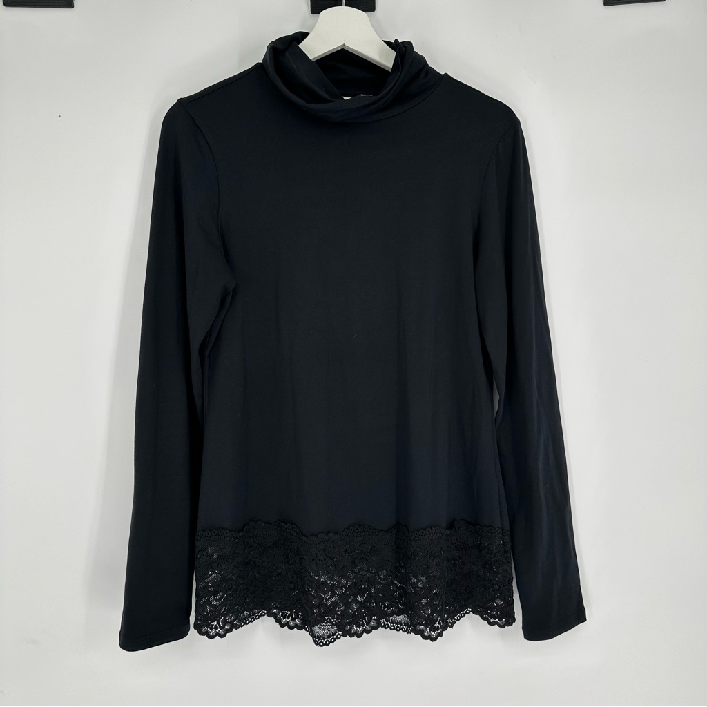 Sundance Black Lace Bottom Long Sleeve Turtleneck Top Medium